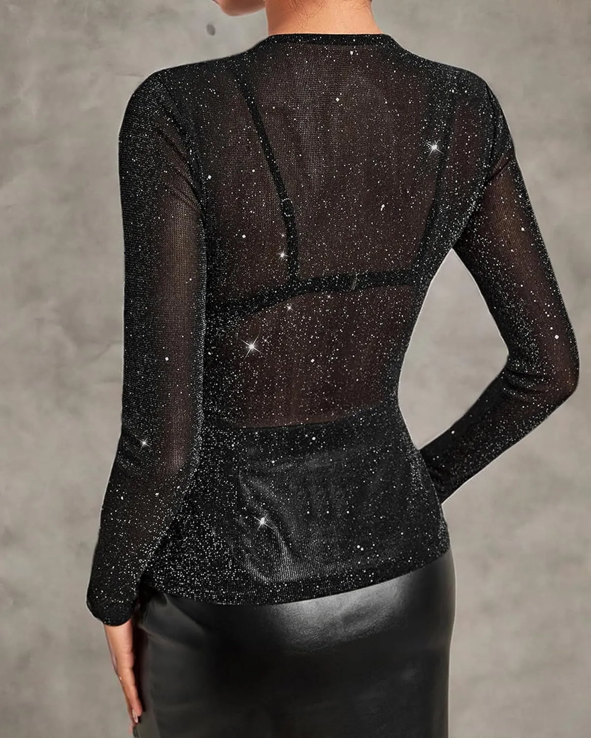 Allchic Glitter Sheer Mesh Tops for Women Long Sleeve Blouses Club T Shirts