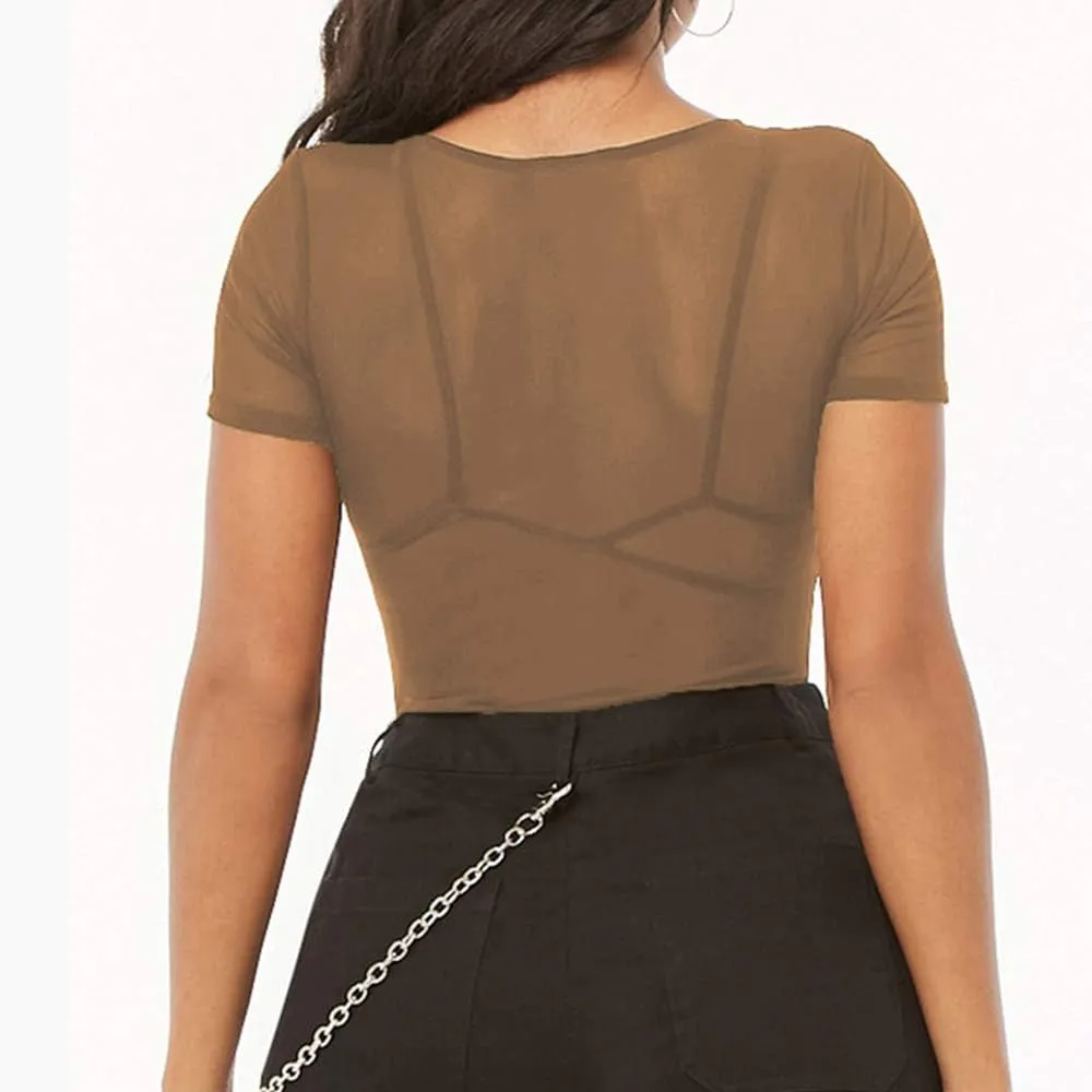 Allchic Womens Short Sleeve Sheer Mesh Tops Sexy See Through Tee Blouse Clubwears