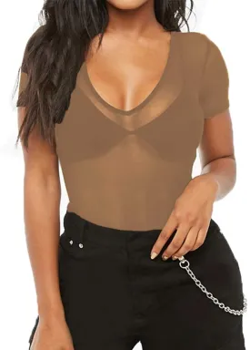 Allchic Womens Short Sleeve Sheer Mesh Tops Sexy See Through Tee Blouse Clubwears