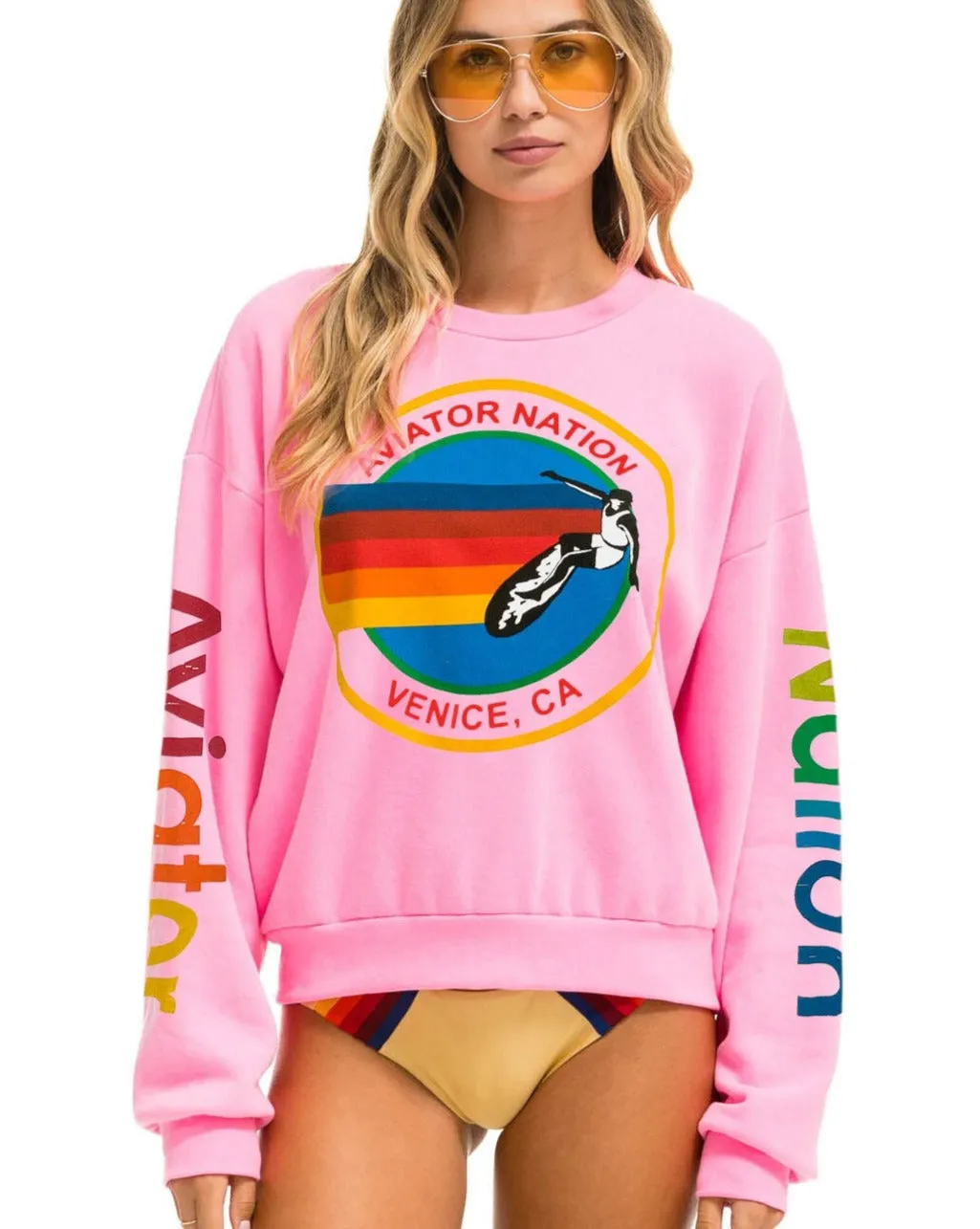 AVIATOR NATION RELAXED CREW SWEATSHIRT - NEON PINK