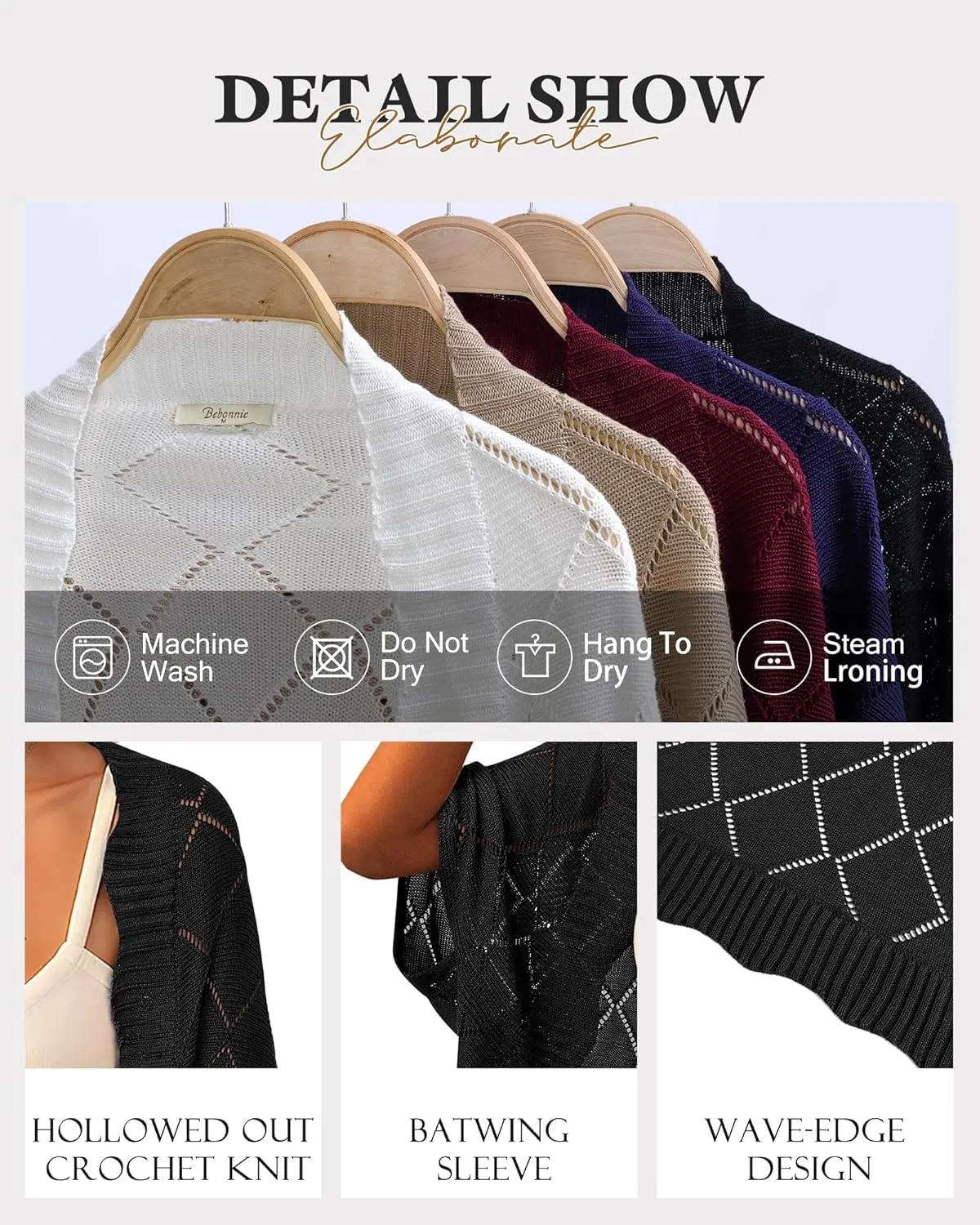 Bebonnie Women's Batwing Sleeve Open Front Cardigan Shrugs Crochet Hollow Out Sweaters for Dresses