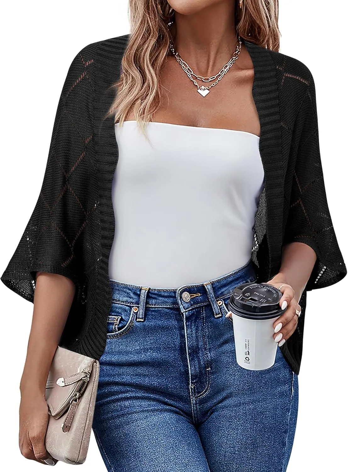 Bebonnie Women's Batwing Sleeve Open Front Cardigan Shrugs Crochet Hollow Out Sweaters for Dresses