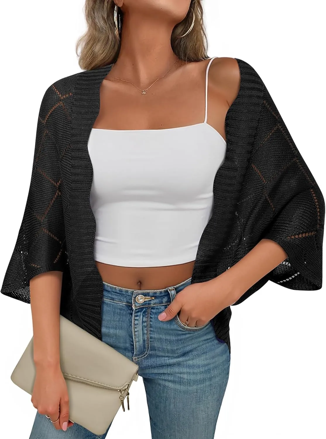 Bebonnie Women's Batwing Sleeve Open Front Cardigan Shrugs Crochet Hollow Out Sweaters for Dresses
