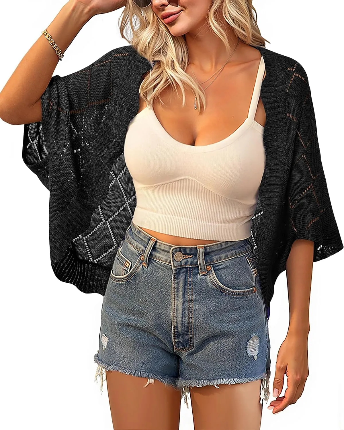 Bebonnie Women's Batwing Sleeve Open Front Cardigan Shrugs Crochet Hollow Out Sweaters for Dresses