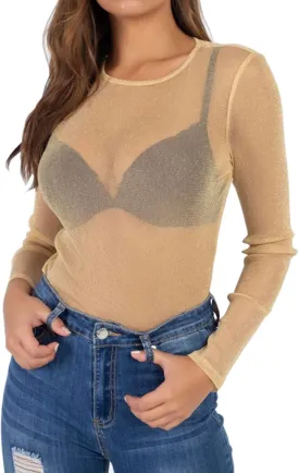 BelleLovin Women's Sheer Mesh Tops Long Sleeve Glitter Sexy Tops See Through Blouses