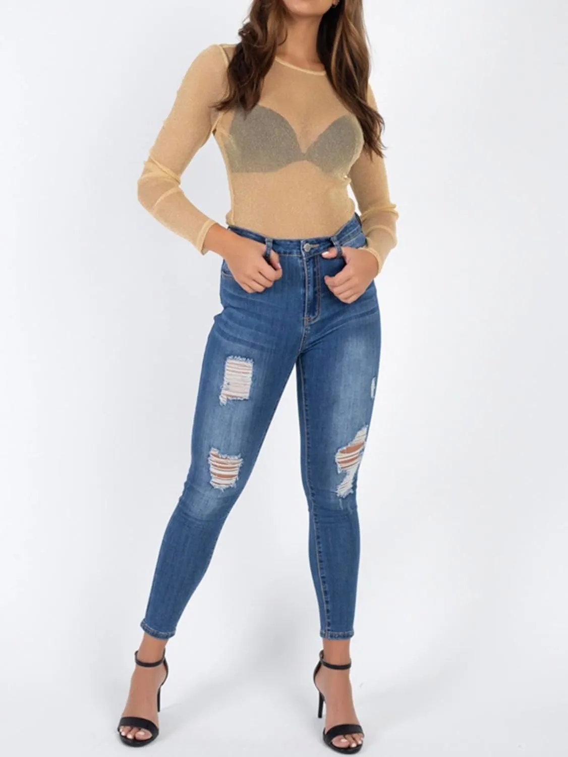 BelleLovin Women's Sheer Mesh Tops Long Sleeve Glitter Sexy Tops See Through Blouses