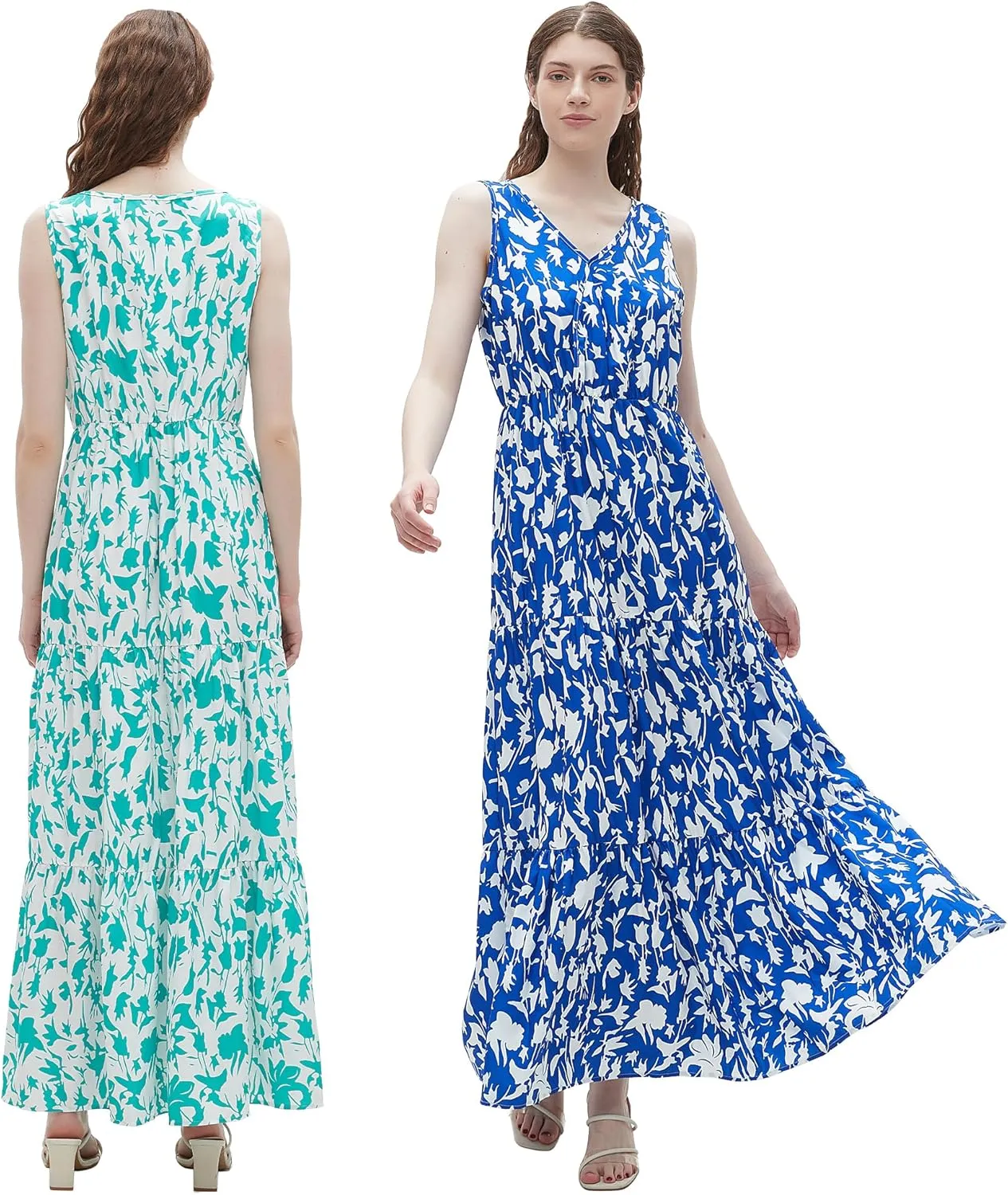 BING RUI CO 2 pack Womens Summer Dresses V Neck Sleeveless Maxi Dresses Floral Long Dress