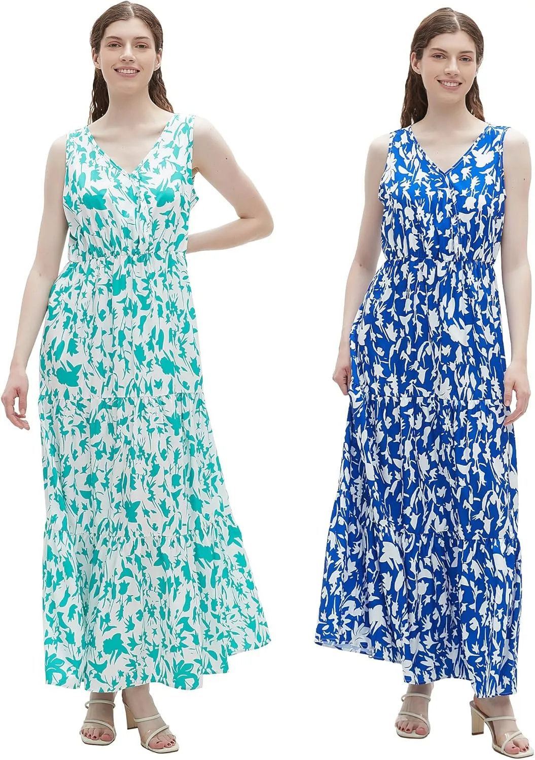 BING RUI CO 2 pack Womens Summer Dresses V Neck Sleeveless Maxi Dresses Floral Long Dress