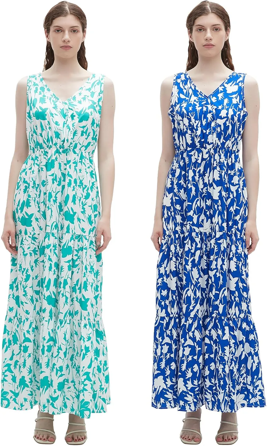 BING RUI CO 2 pack Womens Summer Dresses V Neck Sleeveless Maxi Dresses Floral Long Dress