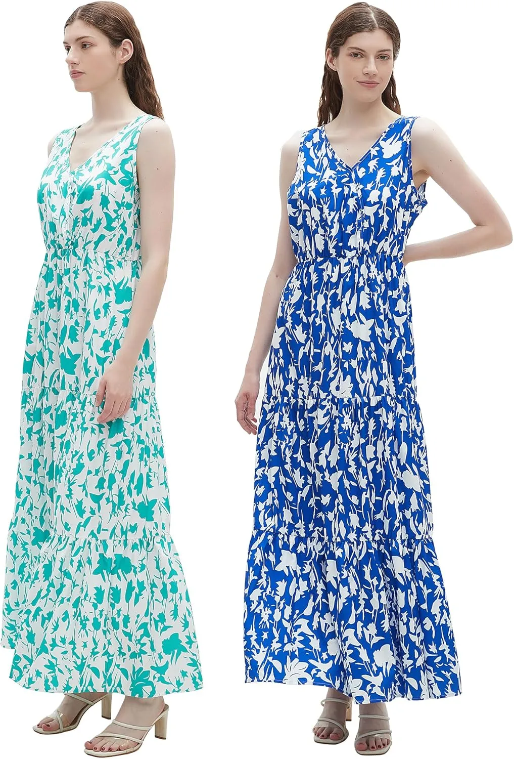 BING RUI CO 2 pack Womens Summer Dresses V Neck Sleeveless Maxi Dresses Floral Long Dress
