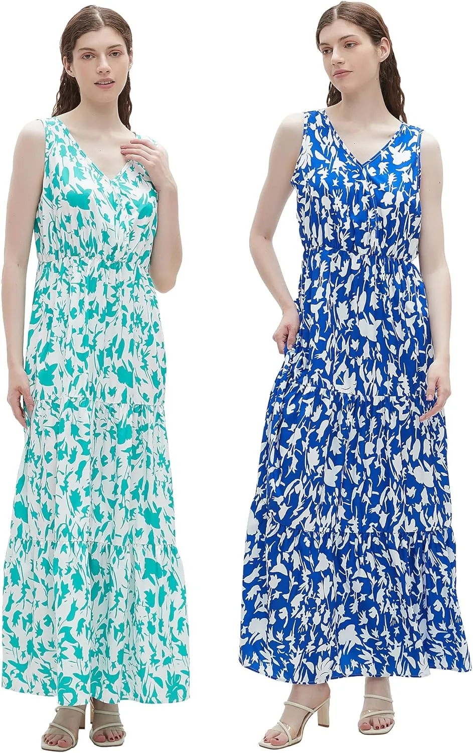 BING RUI CO 2 pack Womens Summer Dresses V Neck Sleeveless Maxi Dresses Floral Long Dress