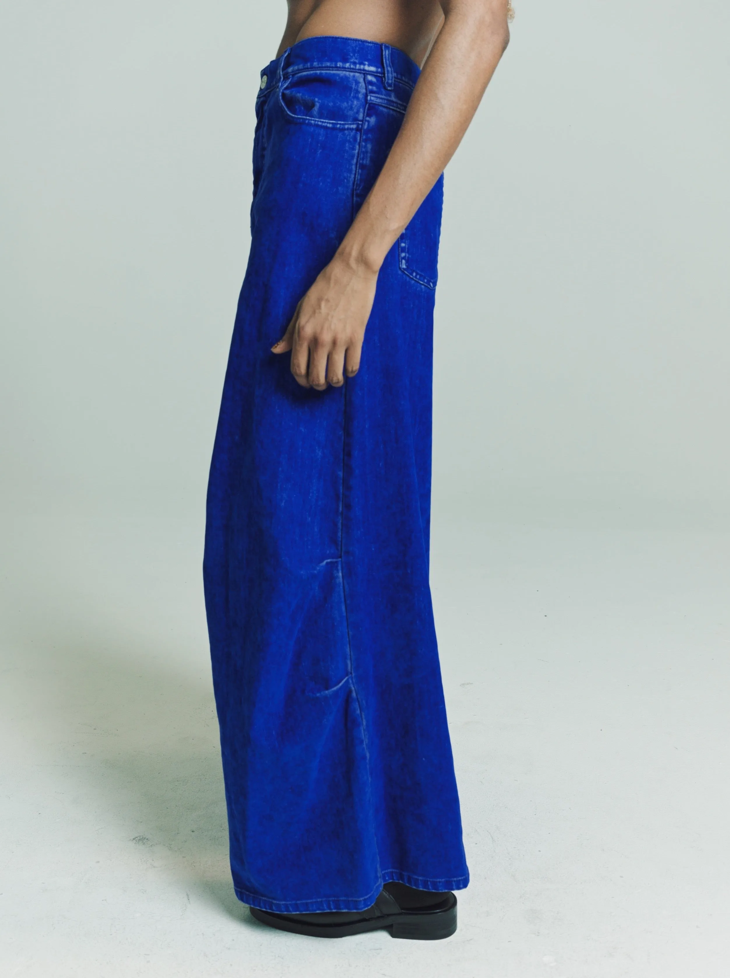 Blue Flocked Denim 5 Pocket Wide Trousers