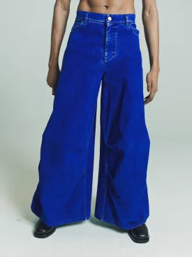 Blue Flocked Denim 5 Pocket Wide Trousers