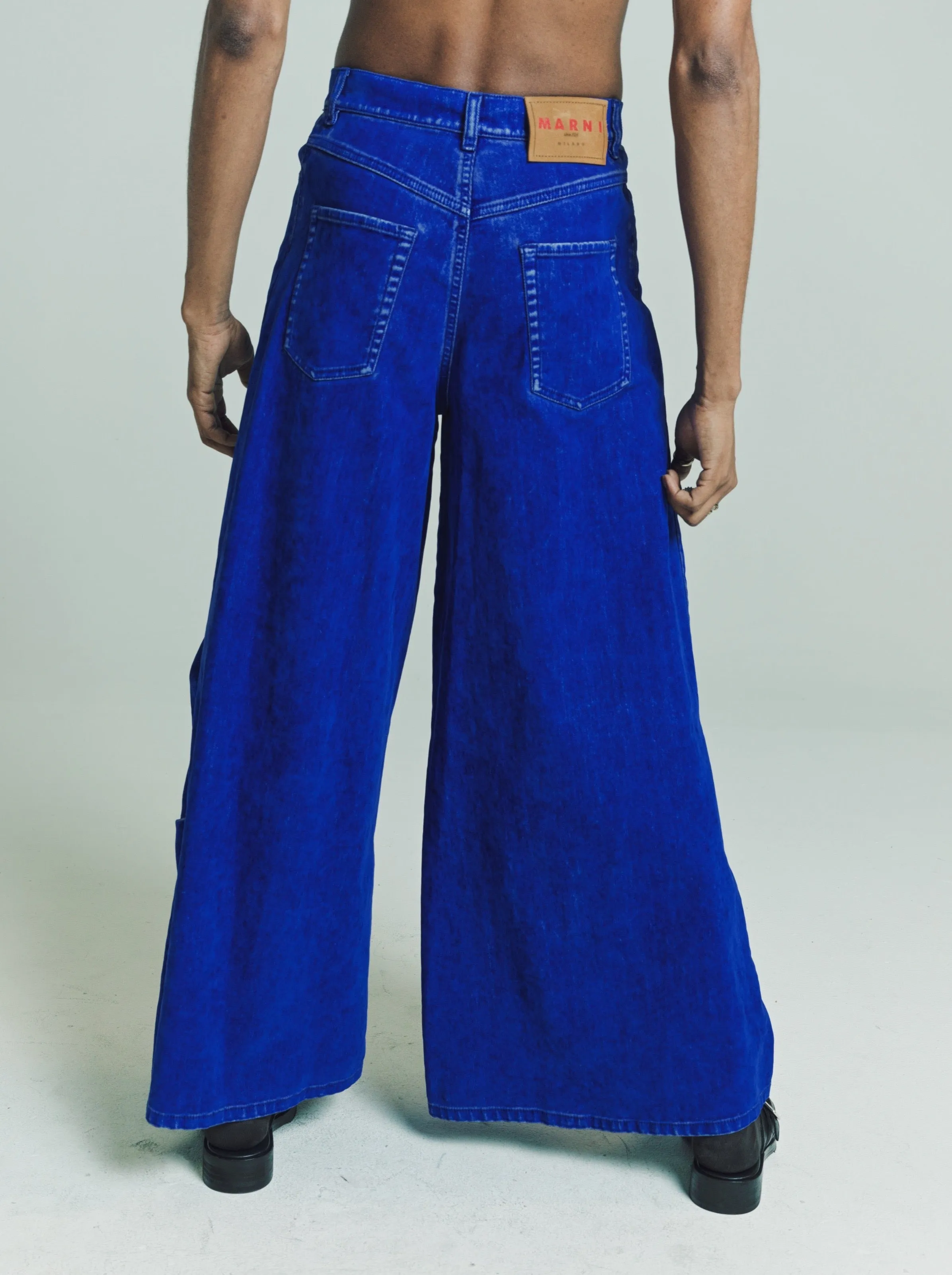 Blue Flocked Denim 5 Pocket Wide Trousers