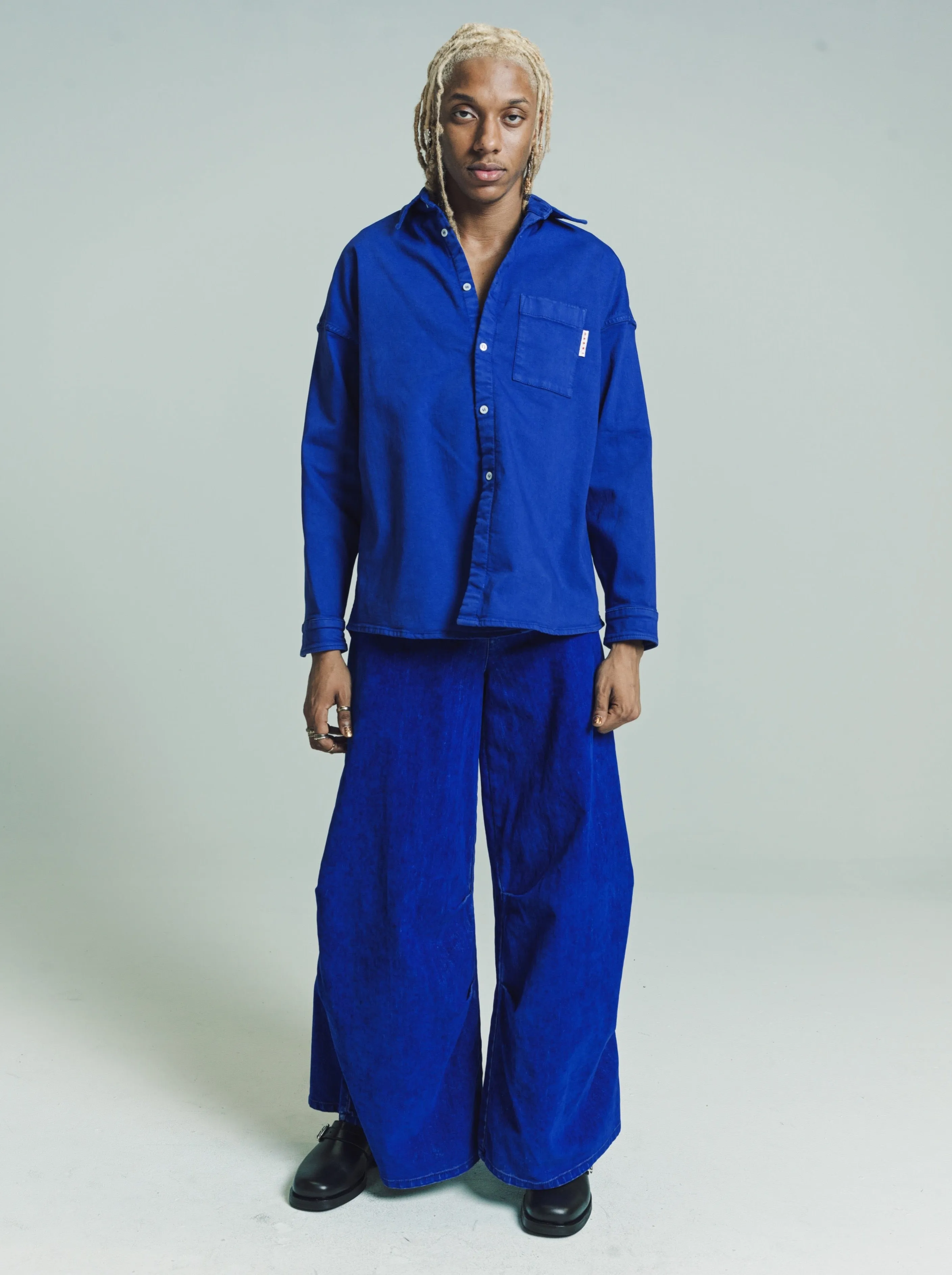 Blue Flocked Denim 5 Pocket Wide Trousers