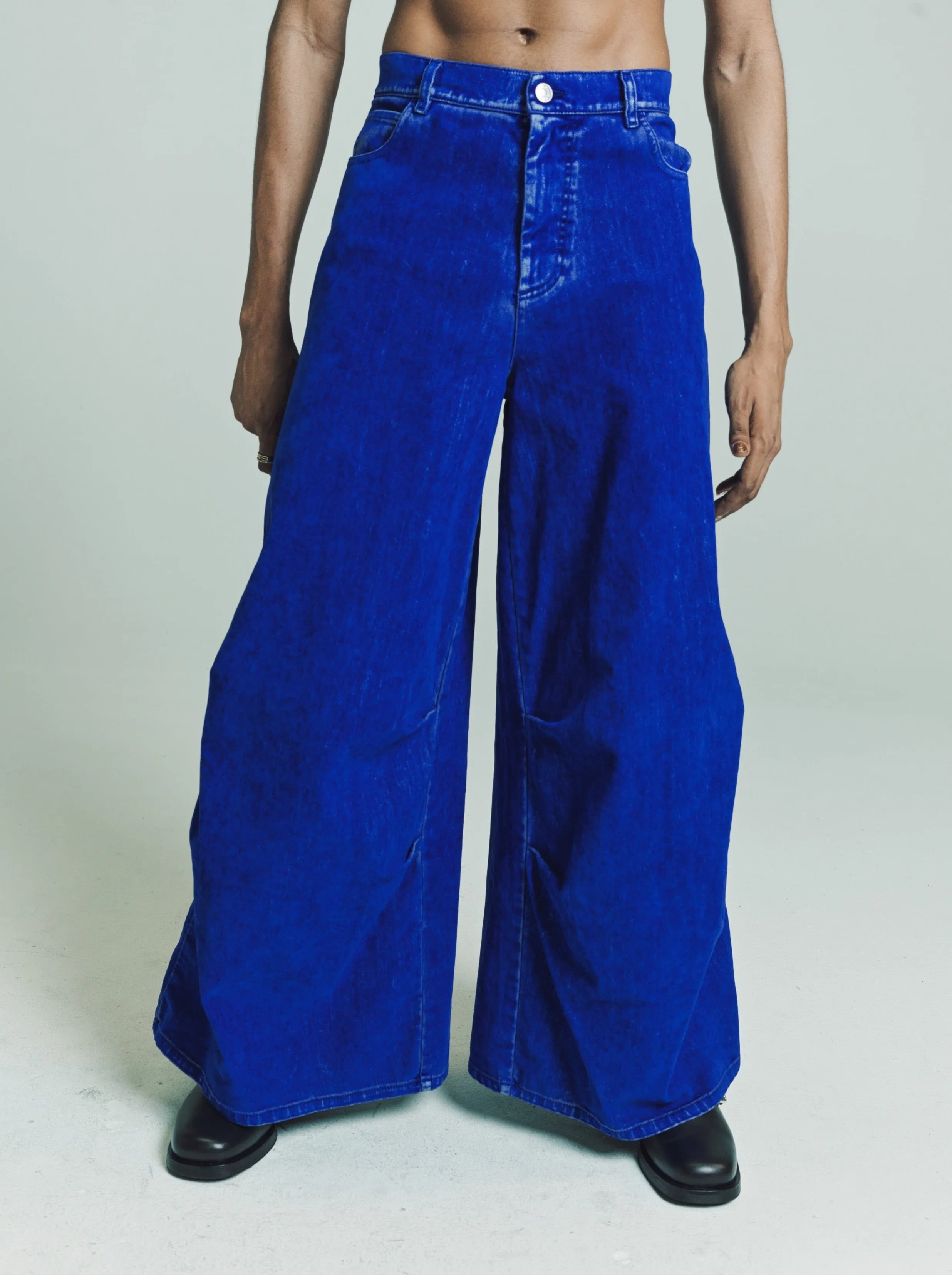 Blue Flocked Denim 5 Pocket Wide Trousers