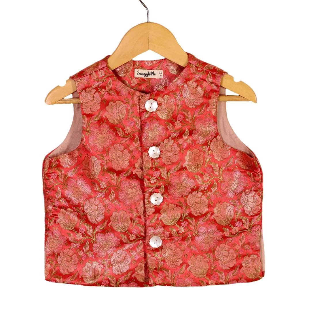 Boys Ethnic Brocade Floral Jacket with Rich Kurta Pant Set  - Red