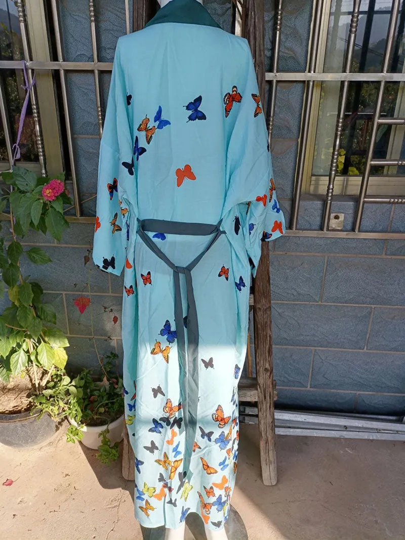 Bride to Be Butterfly Print Blue Color Cotton Long Length Gown Kimono Duster Robe