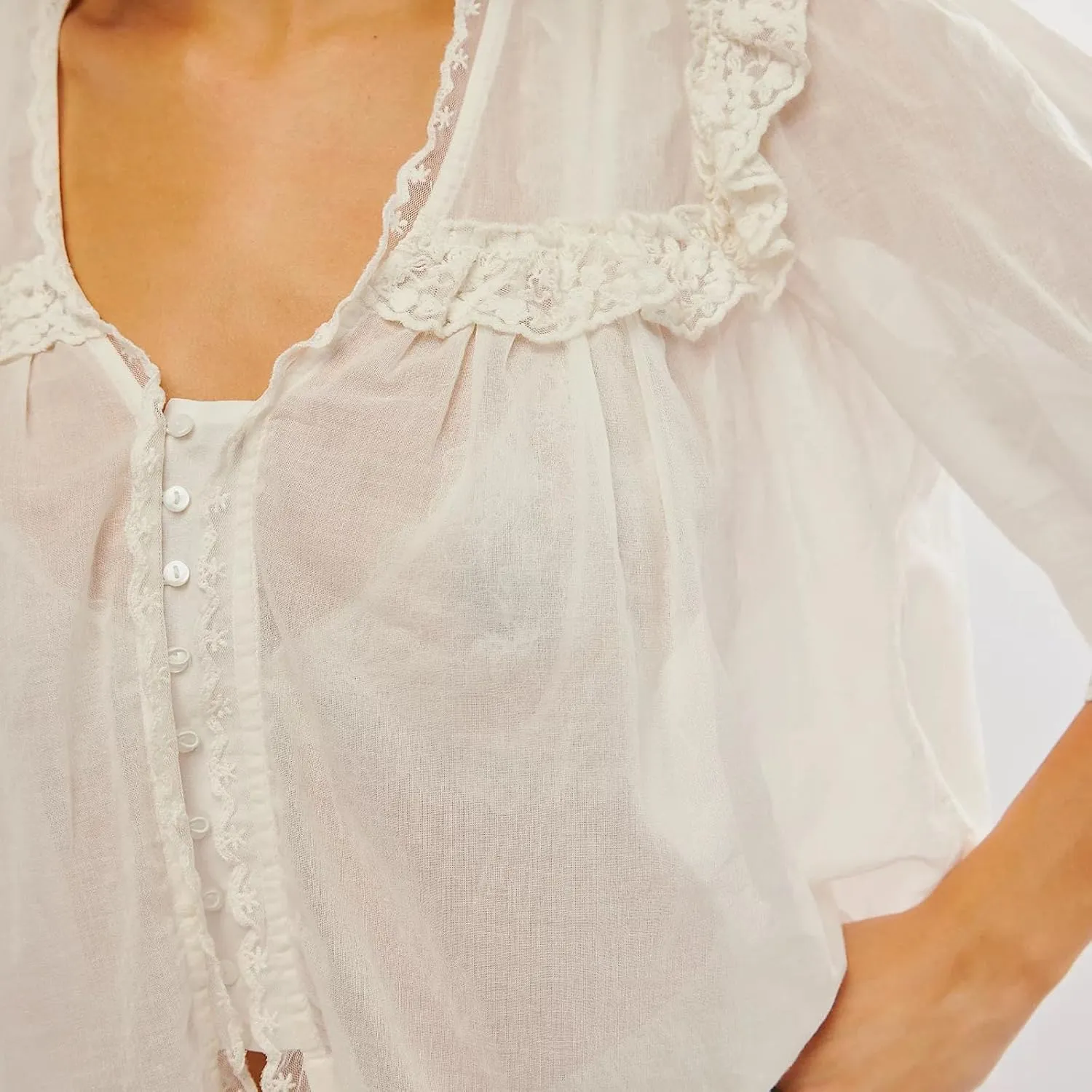 Cute Chiffon Shirt for Women Summer Ruffle Lace Trim Button Down V Neck Short Sleeve Blouse Y2K Sheer Mesh Crop Top