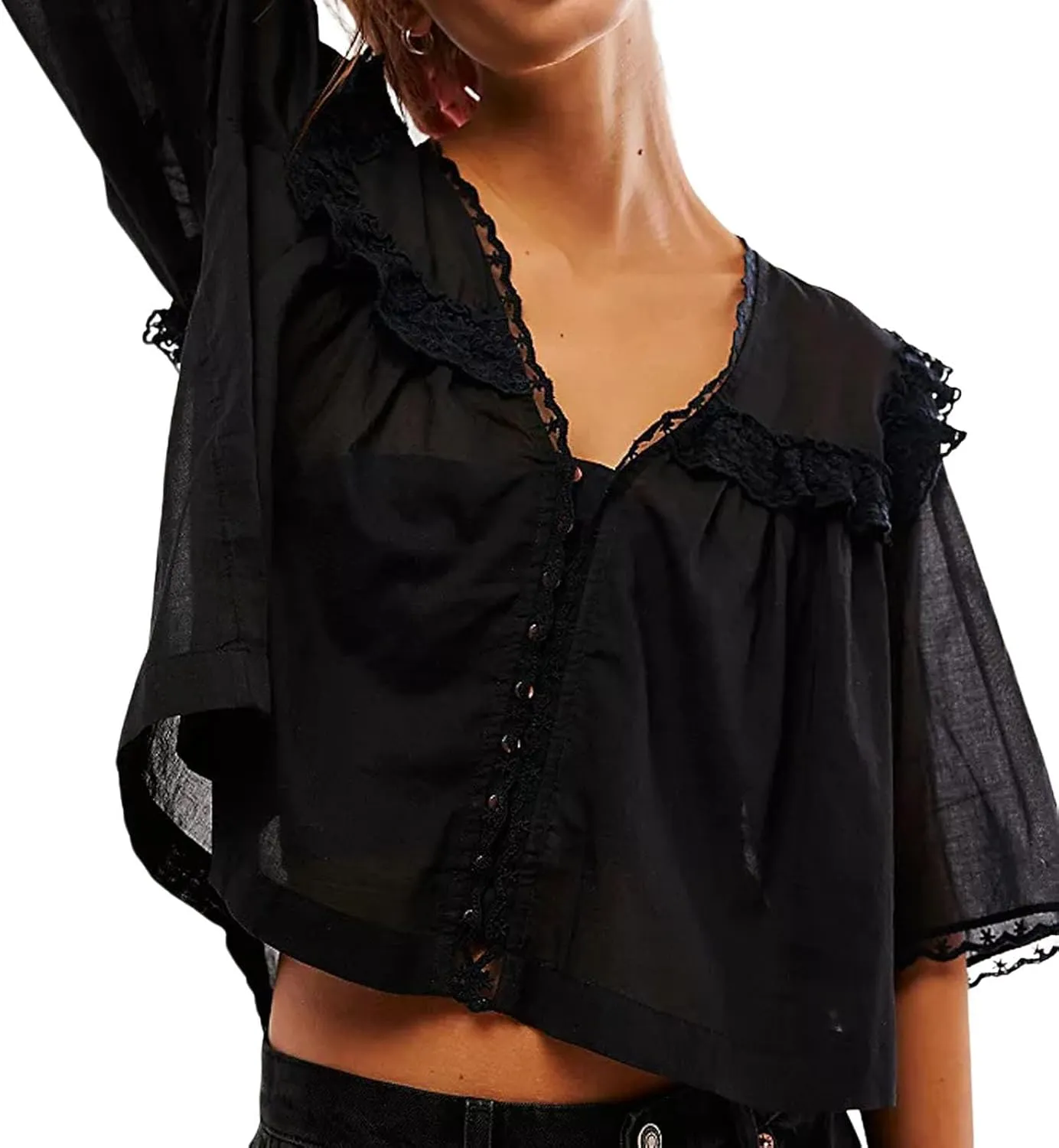 Cute Chiffon Shirt for Women Summer Ruffle Lace Trim Button Down V Neck Short Sleeve Blouse Y2K Sheer Mesh Crop Top