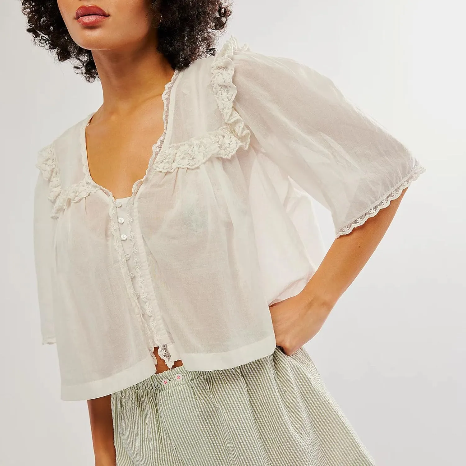 Cute Chiffon Shirt for Women Summer Ruffle Lace Trim Button Down V Neck Short Sleeve Blouse Y2K Sheer Mesh Crop Top