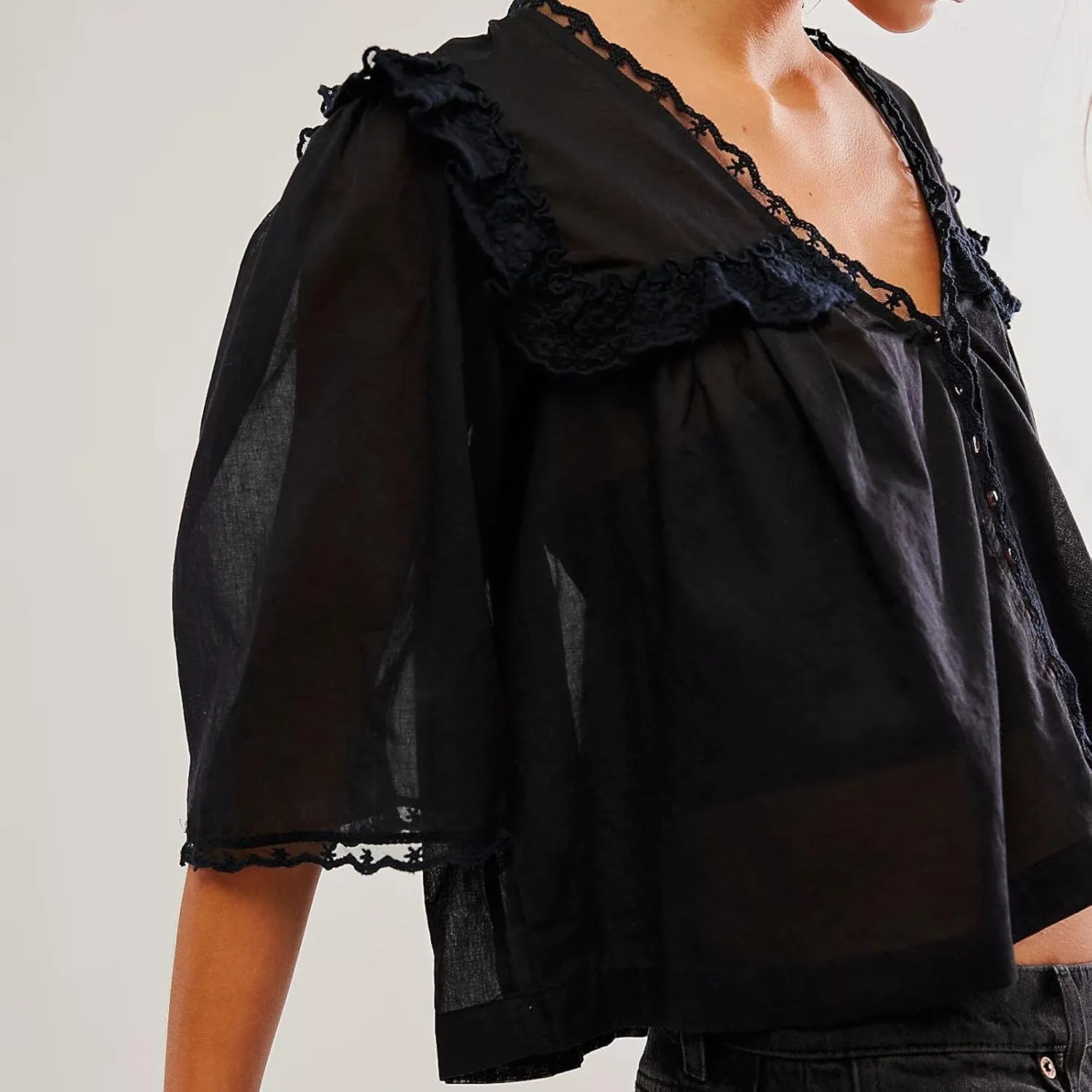 Cute Chiffon Shirt for Women Summer Ruffle Lace Trim Button Down V Neck Short Sleeve Blouse Y2K Sheer Mesh Crop Top