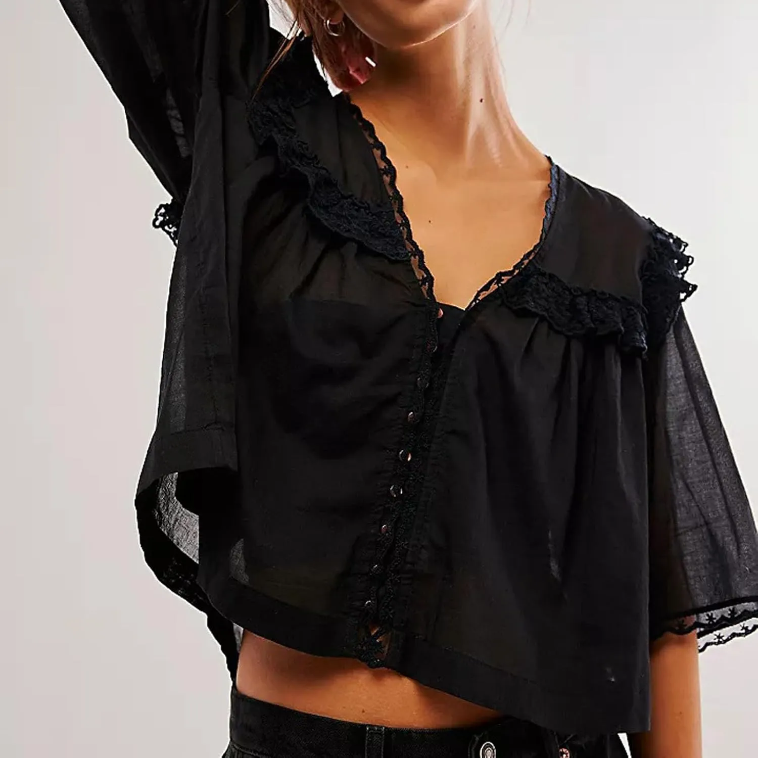 Cute Chiffon Shirt for Women Summer Ruffle Lace Trim Button Down V Neck Short Sleeve Blouse Y2K Sheer Mesh Crop Top
