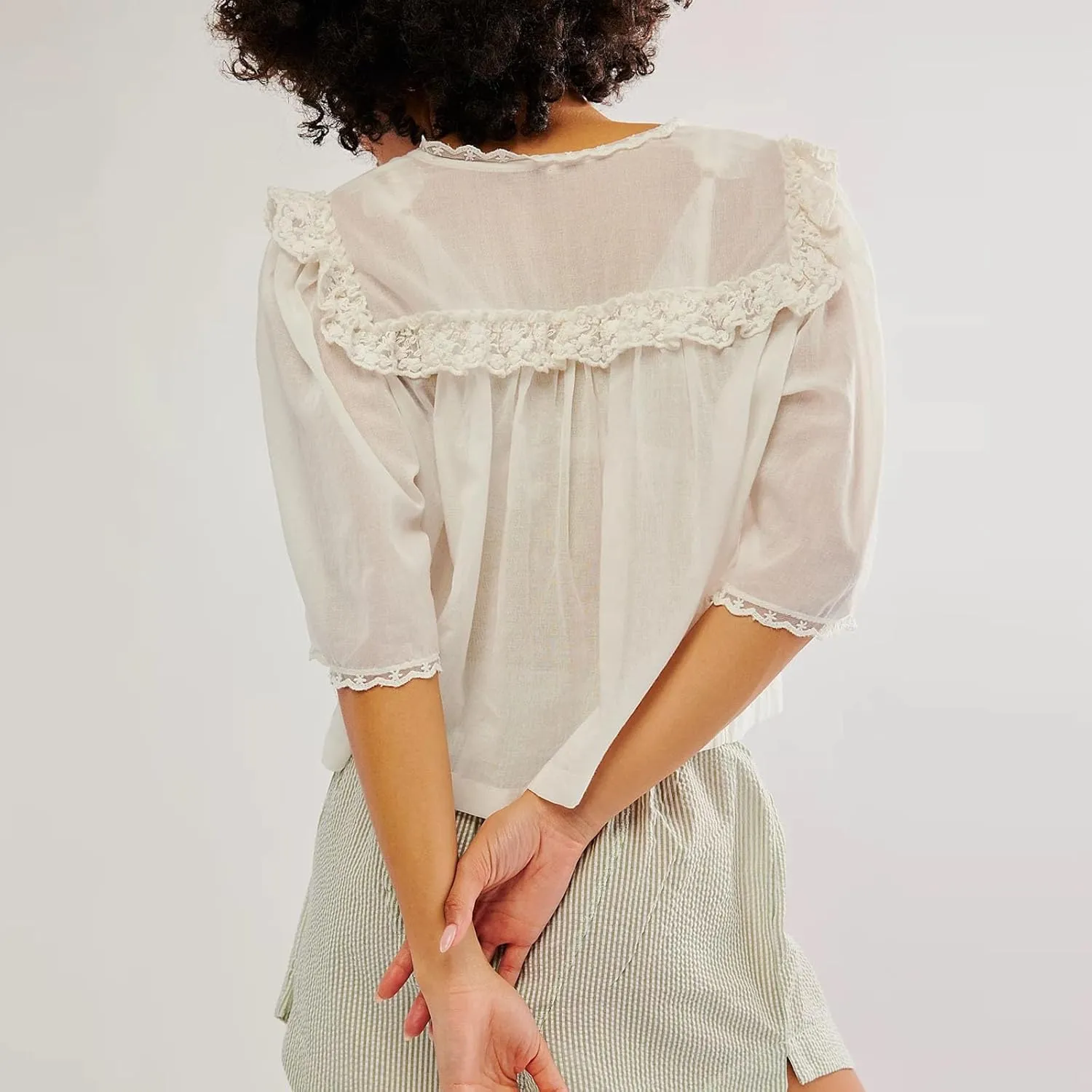 Cute Chiffon Shirt for Women Summer Ruffle Lace Trim Button Down V Neck Short Sleeve Blouse Y2K Sheer Mesh Crop Top