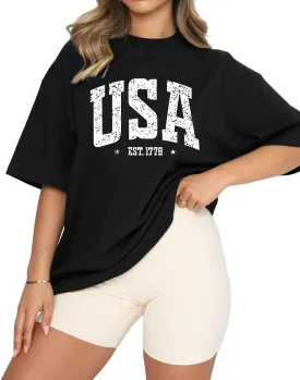 Dressmine Womens USA Oversized T-Shirts Summer Round Neck Short Sleeve Shirts Cute Print Graphic Tees