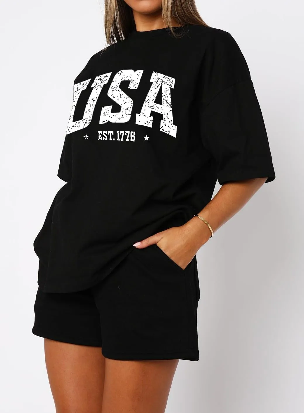 Dressmine Womens USA Oversized T-Shirts Summer Round Neck Short Sleeve Shirts Cute Print Graphic Tees