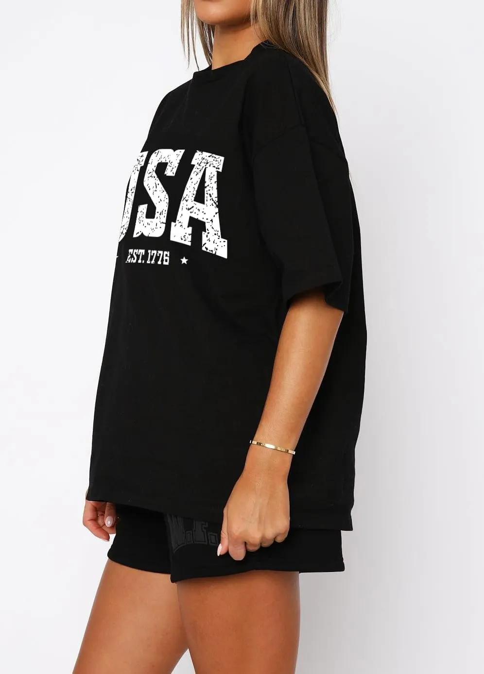 Dressmine Womens USA Oversized T-Shirts Summer Round Neck Short Sleeve Shirts Cute Print Graphic Tees