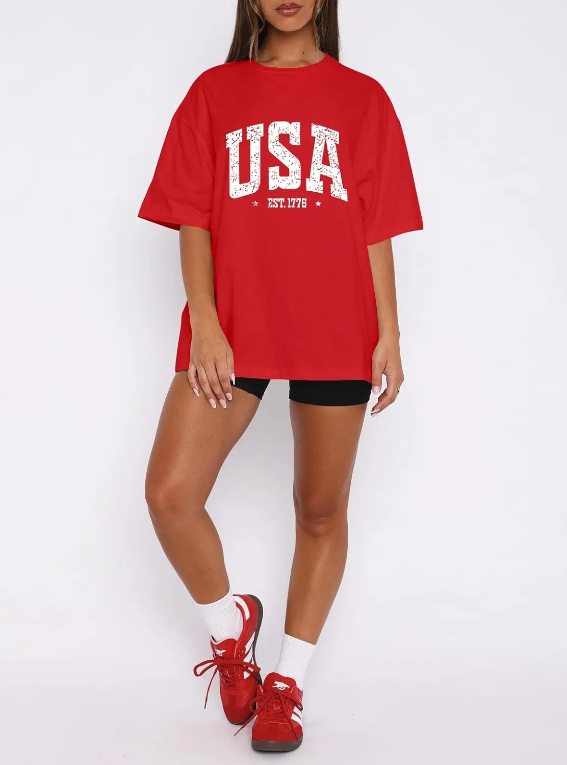 Dressmine Womens USA Oversized T-Shirts Summer Round Neck Short Sleeve Shirts Cute Print Graphic Tees