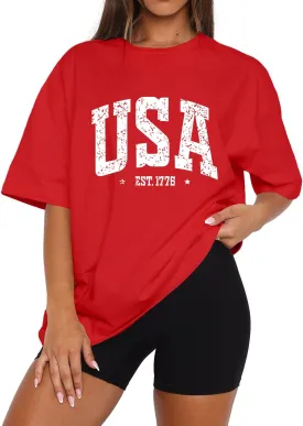 Dressmine Womens USA Oversized T-Shirts Summer Round Neck Short Sleeve Shirts Cute Print Graphic Tees