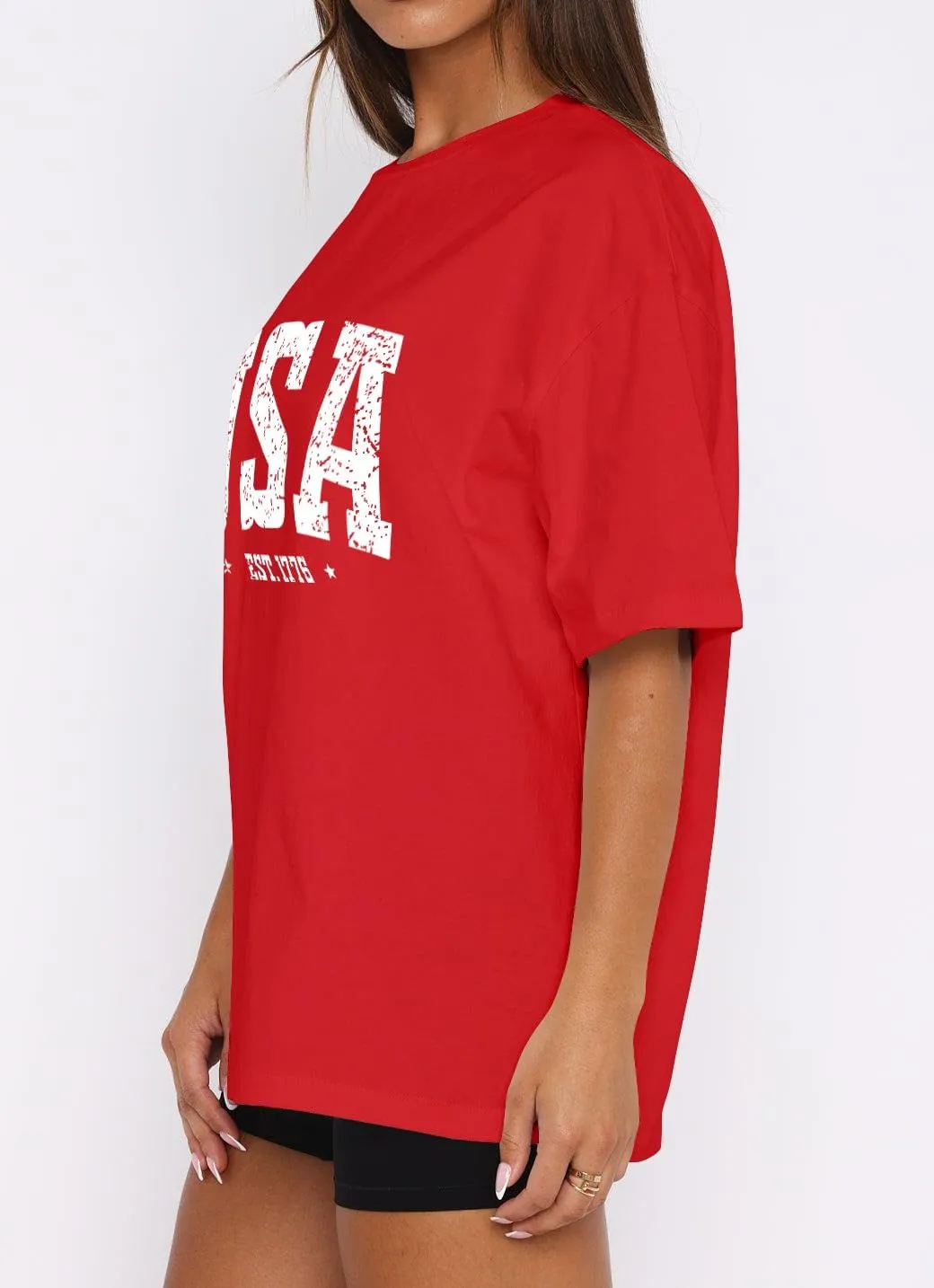 Dressmine Womens USA Oversized T-Shirts Summer Round Neck Short Sleeve Shirts Cute Print Graphic Tees