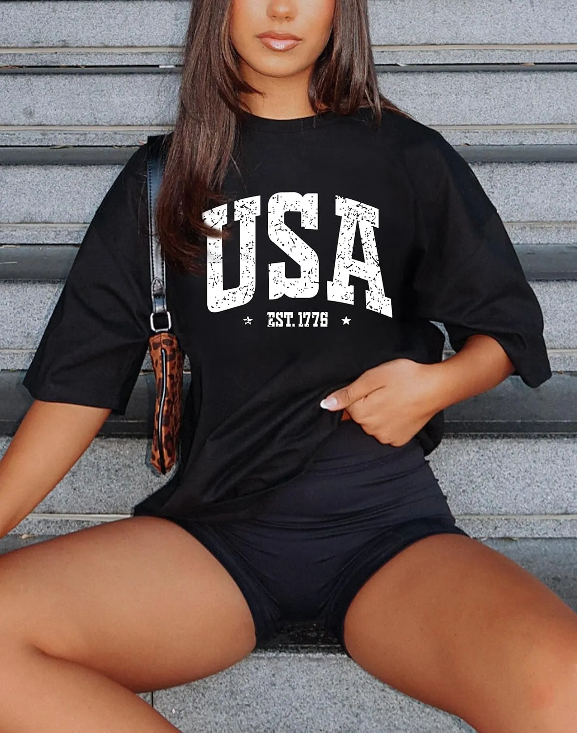 Dressmine Womens USA Oversized T-Shirts Summer Round Neck Short Sleeve Shirts Cute Print Graphic Tees