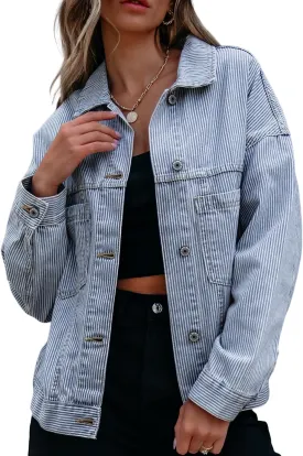Ecosunny Womens Casual Long Sleeve Button Down Shirt Jacket Stripe Washed Oversize Pocketed Denim Lightweight Coat Tops