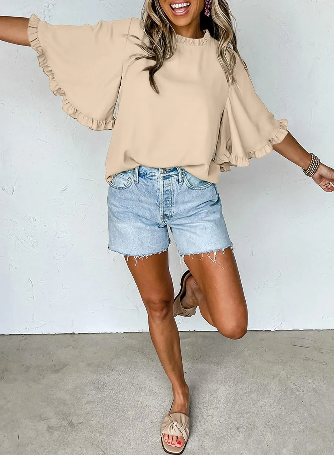 EVALESS Womens Half Sleeve Tops Cute Chiffon Blouses Summer Lightweight Ruffle Sleeeve Shirts Loose Fit Daily Wear 2025