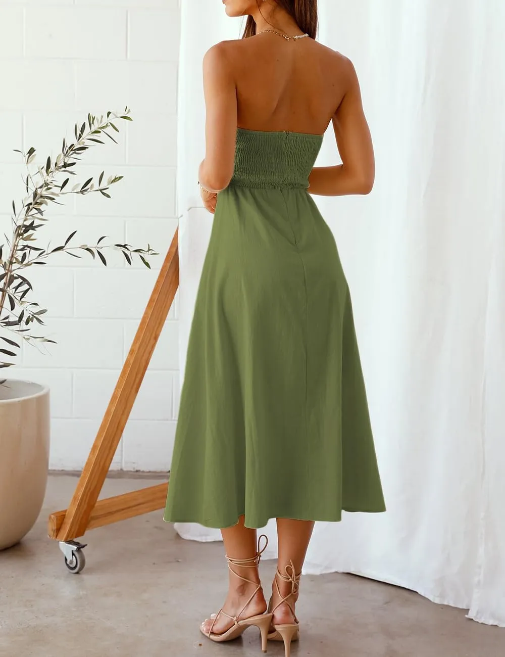Fiemaoves Sexy Twist Front Strapless Sweetheart Neckline Midi Dresses for Women Smocked Cutout Tube Linen Dress Wedding Guest