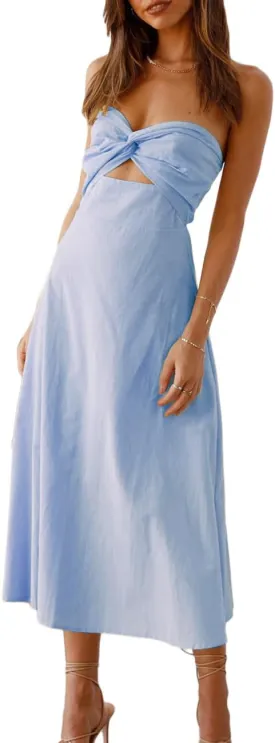 Fiemaoves Sexy Twist Front Strapless Sweetheart Neckline Midi Dresses for Women Smocked Cutout Tube Linen Dress Wedding Guest