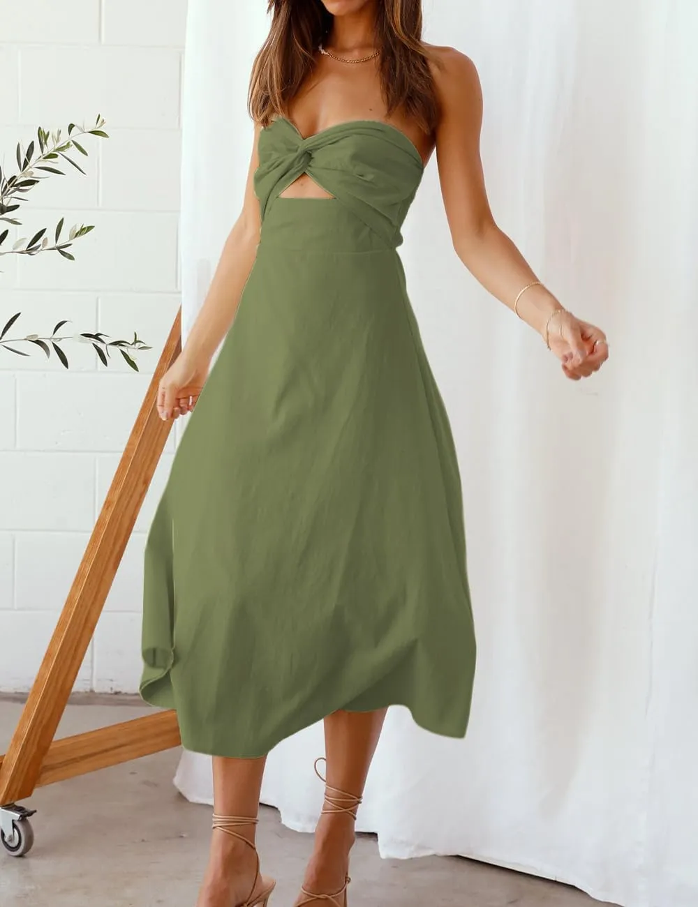 Fiemaoves Sexy Twist Front Strapless Sweetheart Neckline Midi Dresses for Women Smocked Cutout Tube Linen Dress Wedding Guest