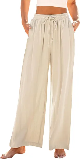 GRAPENT Wide Leg Pants Woman Linen High Waisted Pull On Flowy Casual Baggy Drawstring Palazzo Trousers Pants Resort Wear