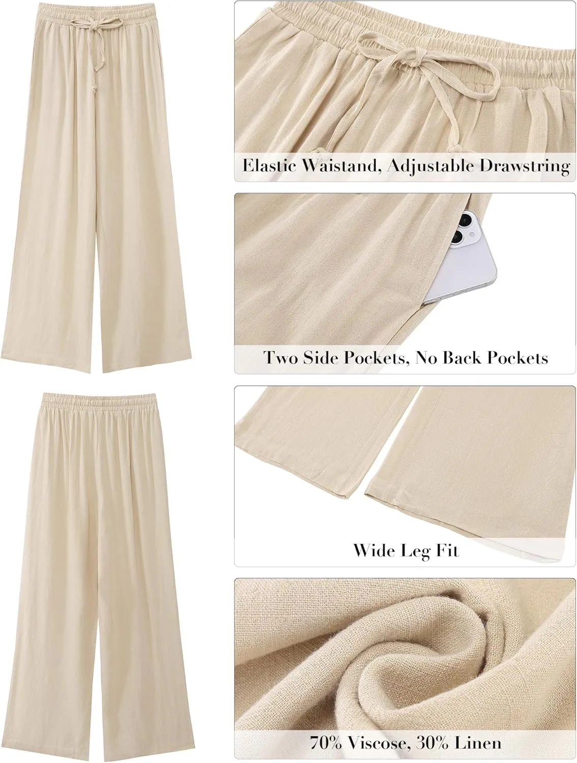 GRAPENT Wide Leg Pants Woman Linen High Waisted Pull On Flowy Casual Baggy Drawstring Palazzo Trousers Pants Resort Wear