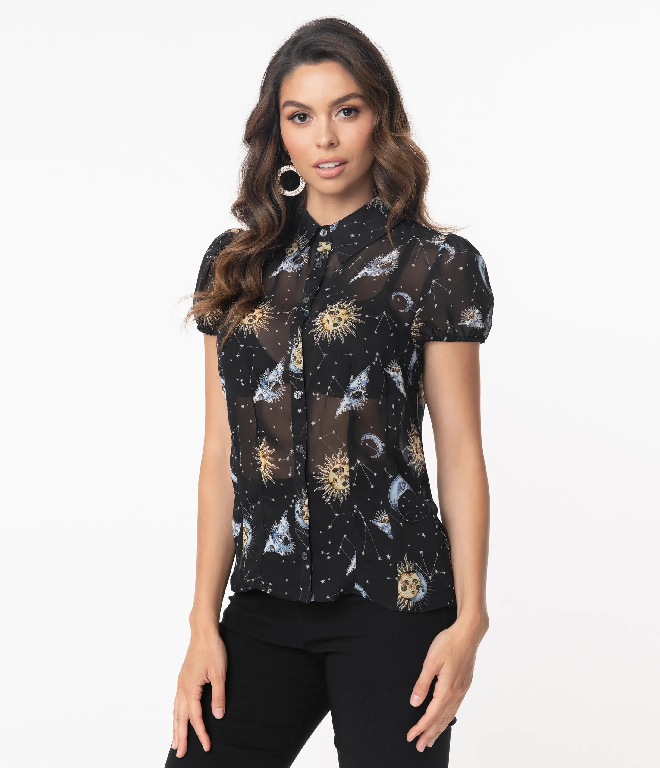Hell Bunny Black Solaris Print Sheer Blouse