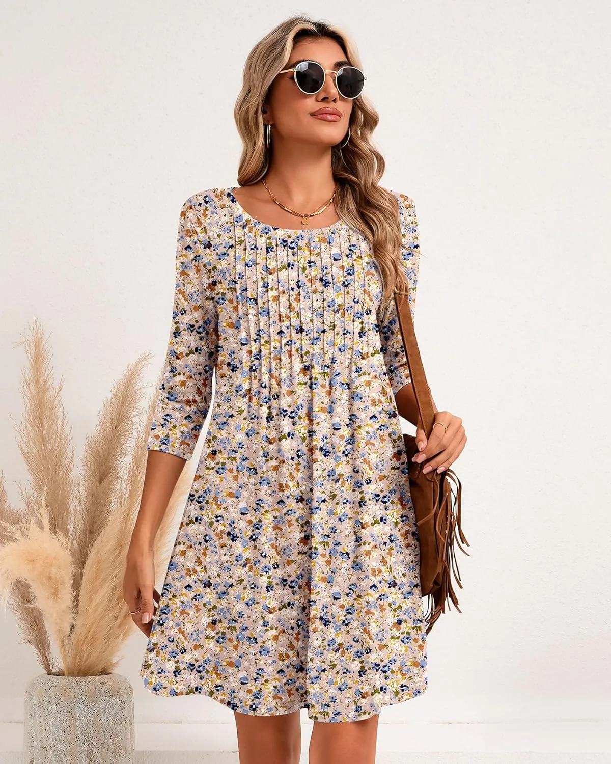 Huukeay Dresses for Women 3/4 Sleeve Crew Neck Casual Tunic Swing 2025 Dress Knee Length Pleated Fitted T Shirt Dress