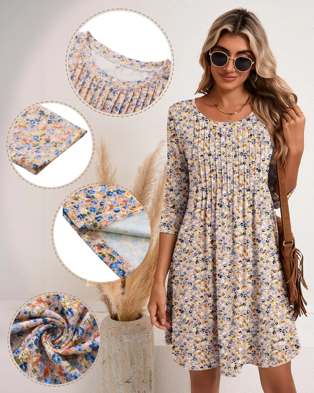 Huukeay Dresses for Women 3/4 Sleeve Crew Neck Casual Tunic Swing 2025 Dress Knee Length Pleated Fitted T Shirt Dress