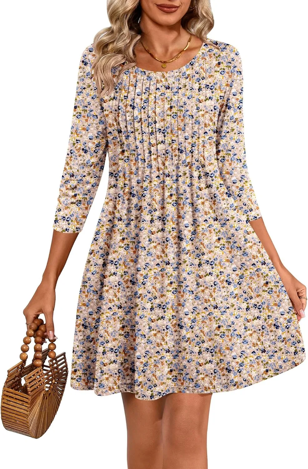 Huukeay Dresses for Women 3/4 Sleeve Crew Neck Casual Tunic Swing 2025 Dress Knee Length Pleated Fitted T Shirt Dress