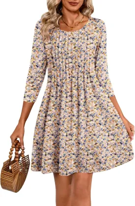 Huukeay Dresses for Women 3/4 Sleeve Crew Neck Casual Tunic Swing 2025 Dress Knee Length Pleated Fitted T Shirt Dress