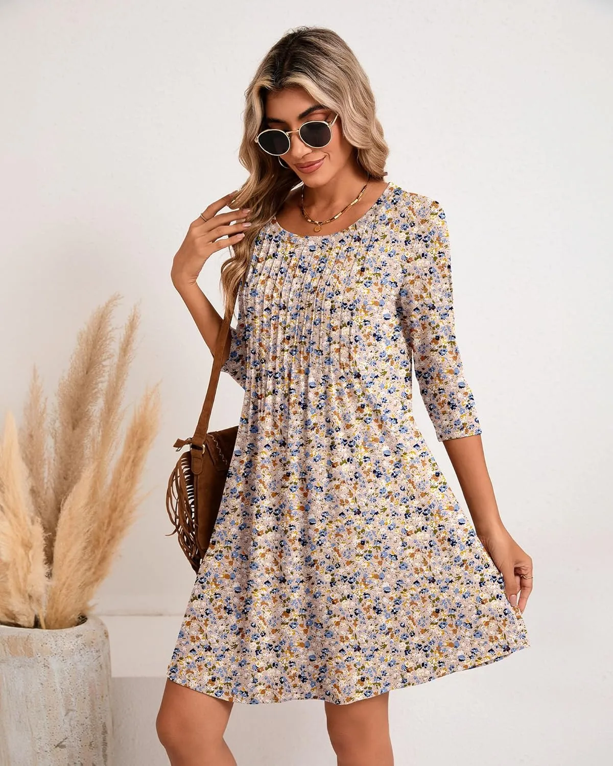 Huukeay Dresses for Women 3/4 Sleeve Crew Neck Casual Tunic Swing 2025 Dress Knee Length Pleated Fitted T Shirt Dress