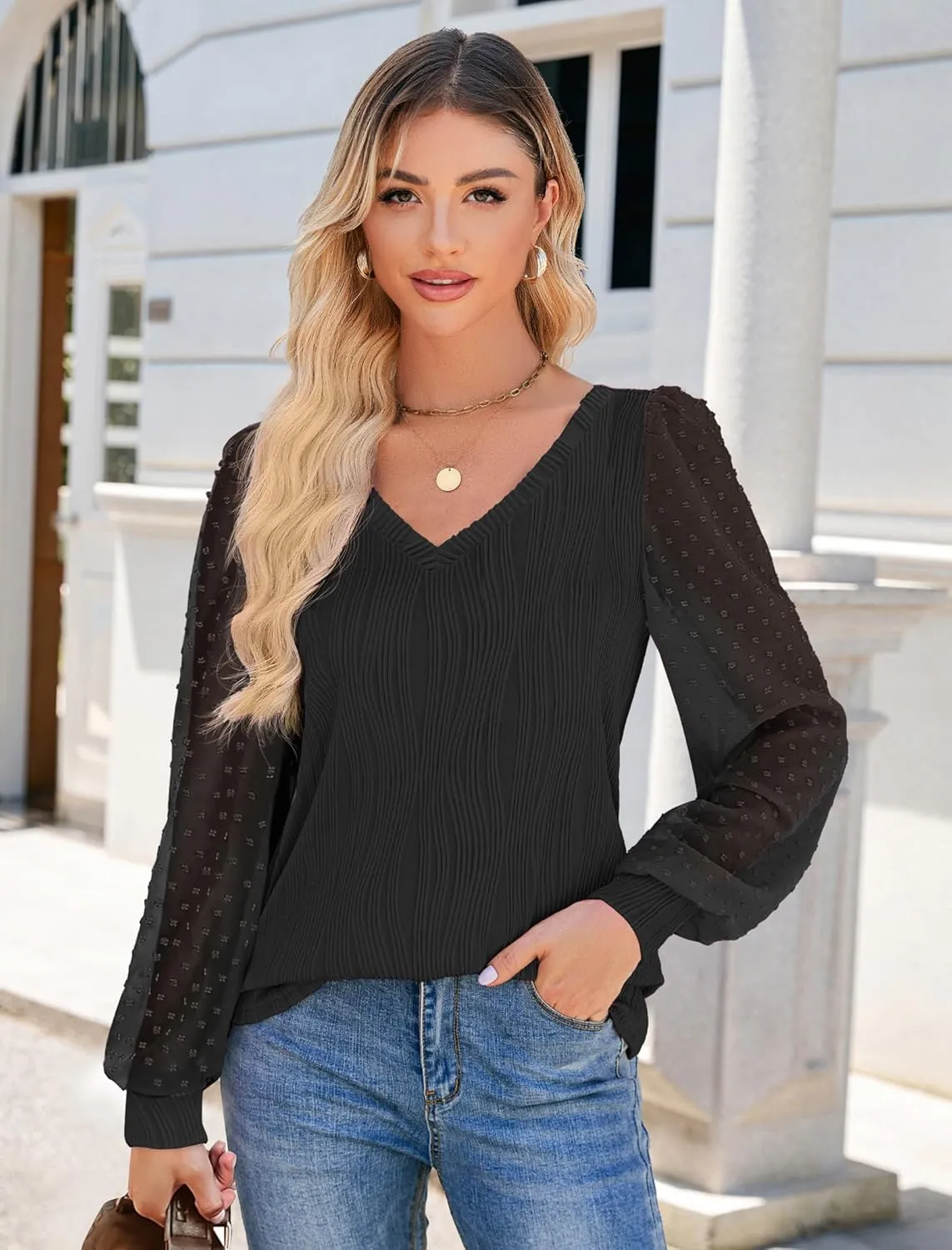 JUSTFASHIONNOW Womens Blouses Dressy Casual Long Sleeve Shirts V Neck Puff Sleeve Business Tops Work Shirts Trendy Holiday