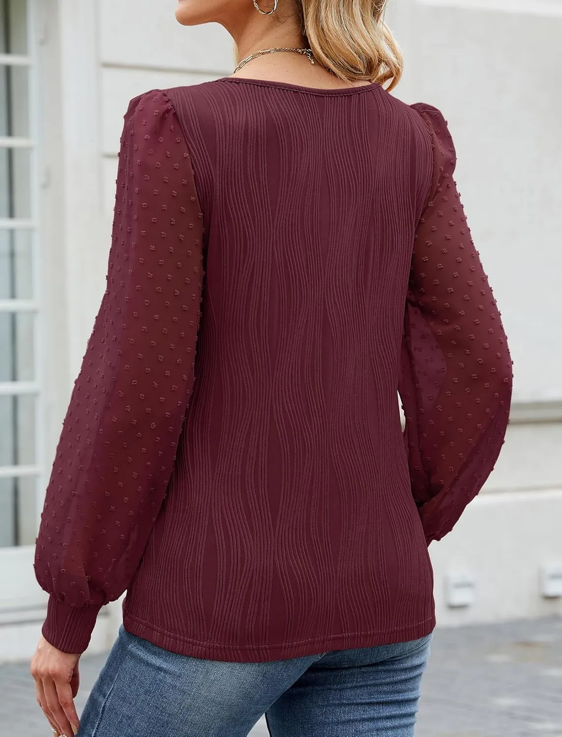 JUSTFASHIONNOW Womens Blouses Dressy Casual Long Sleeve Shirts V Neck Puff Sleeve Business Tops Work Shirts Trendy Holiday